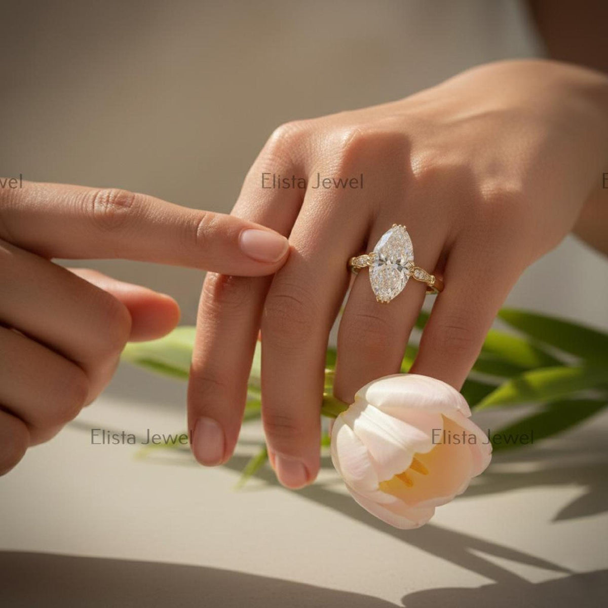 Marquise Diamond Leaf Ring Lab-Grown Engagement 14K Gold Pavé Accents