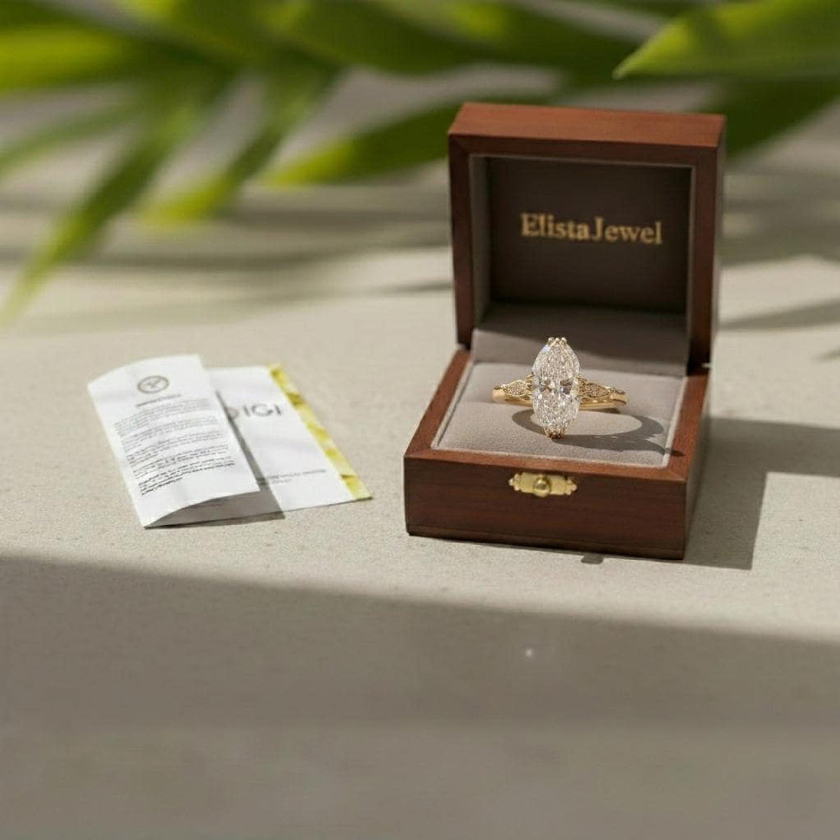 Marquise Diamond Leaf Ring Lab-Grown Engagement 14K Gold Pavé Accents