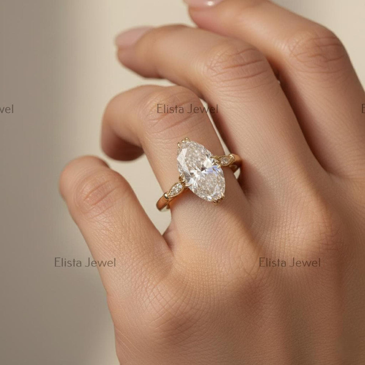 Marquise Diamond Leaf Ring Lab-Grown Engagement 14K Gold Pavé Accents