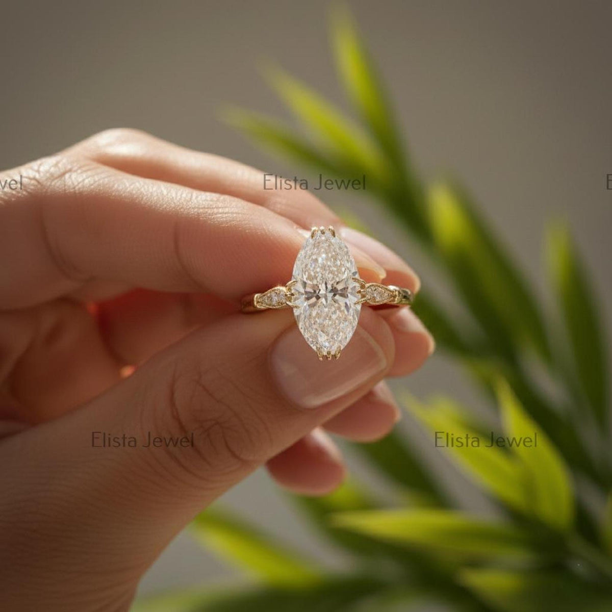 Marquise Diamond Leaf Ring Lab-Grown Engagement 14K Gold Pavé Accents