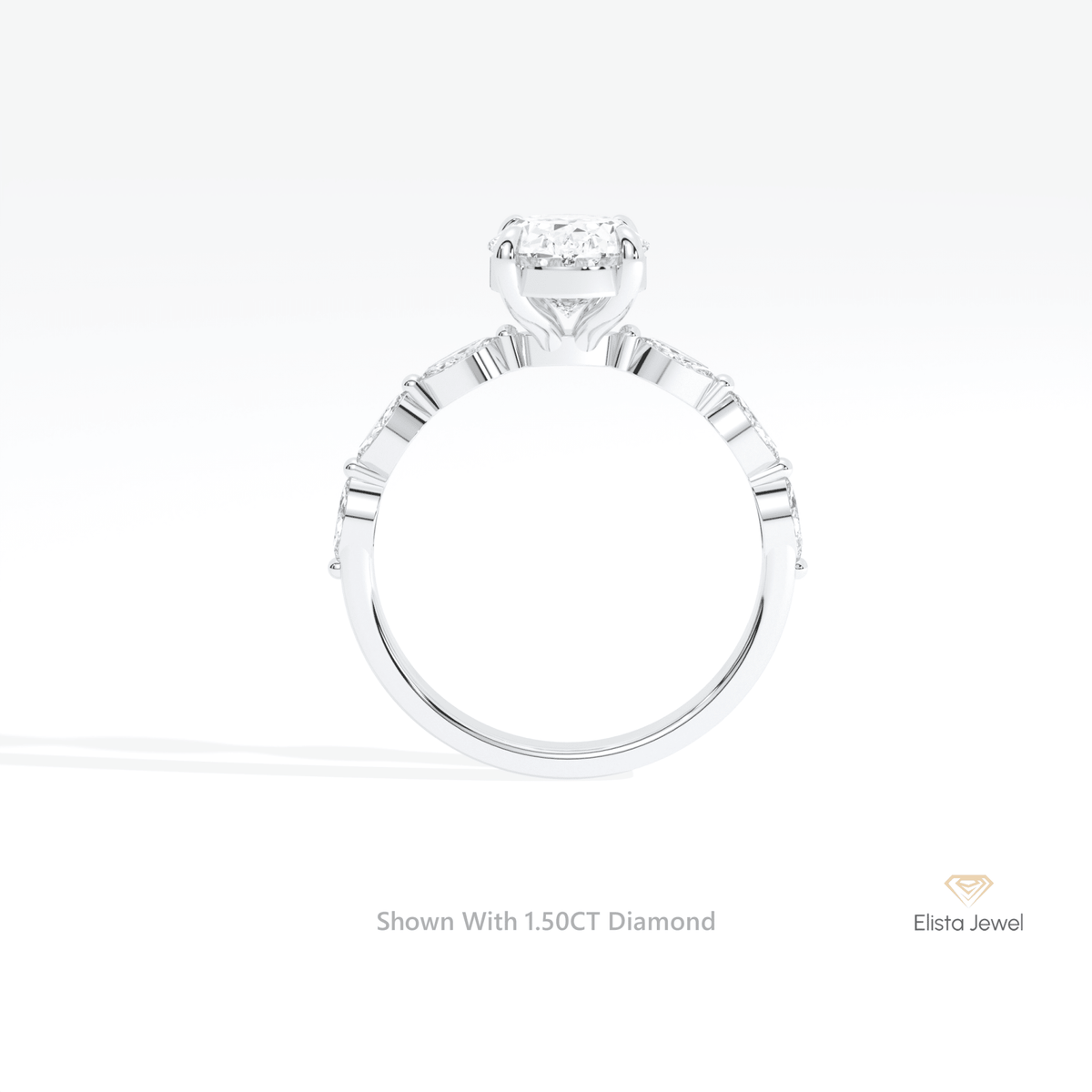 Oval Cut Accent Engagement Lab Grown Diamond Ring in 18K White Gold - Close-up View