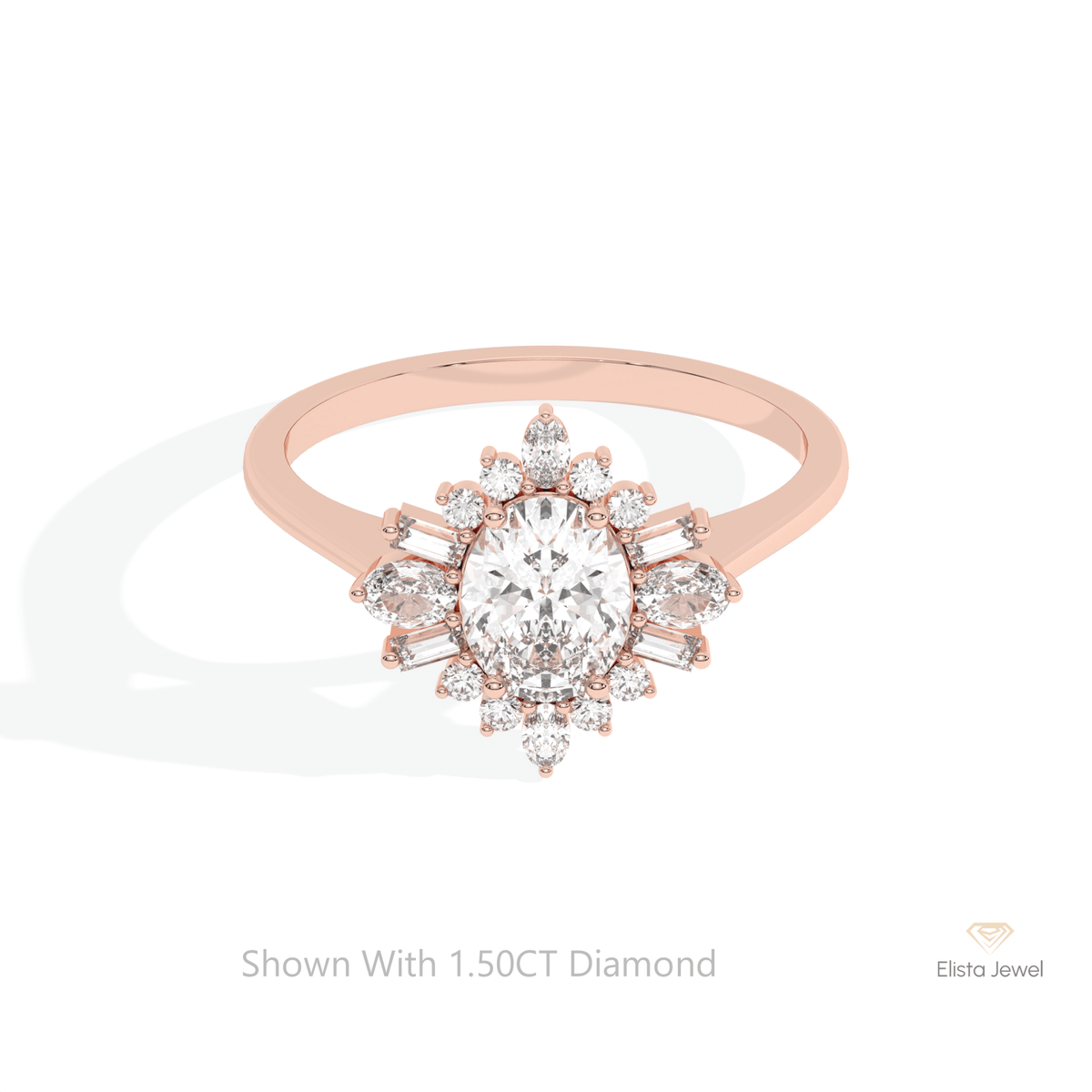 Oval Cut Art Deco Engagement Lab Grown Diamond Ring in 18K Rose Gold - Ring on Hand View