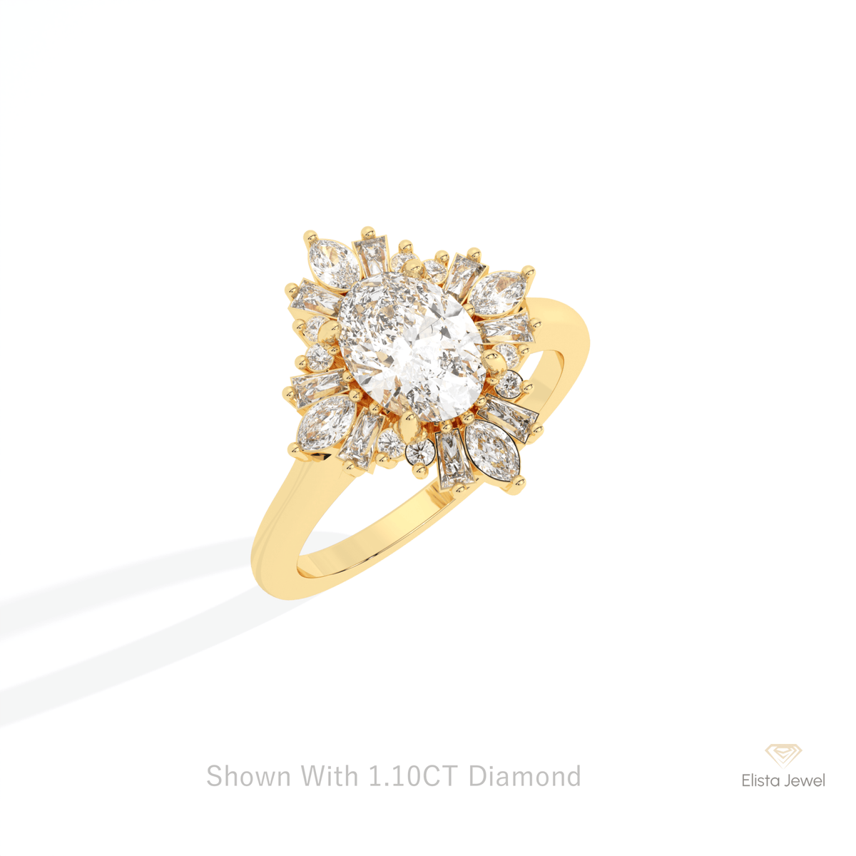 Oval Cut Cluster Starburst Lab Grown Diamond Ring in 10K Yellow Gold - Side View
