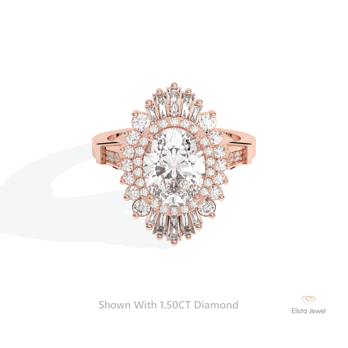Oval Cut Double Halo Art Deco Lab Grown Diamond Ring in 14K Yellow Gold - Detail View