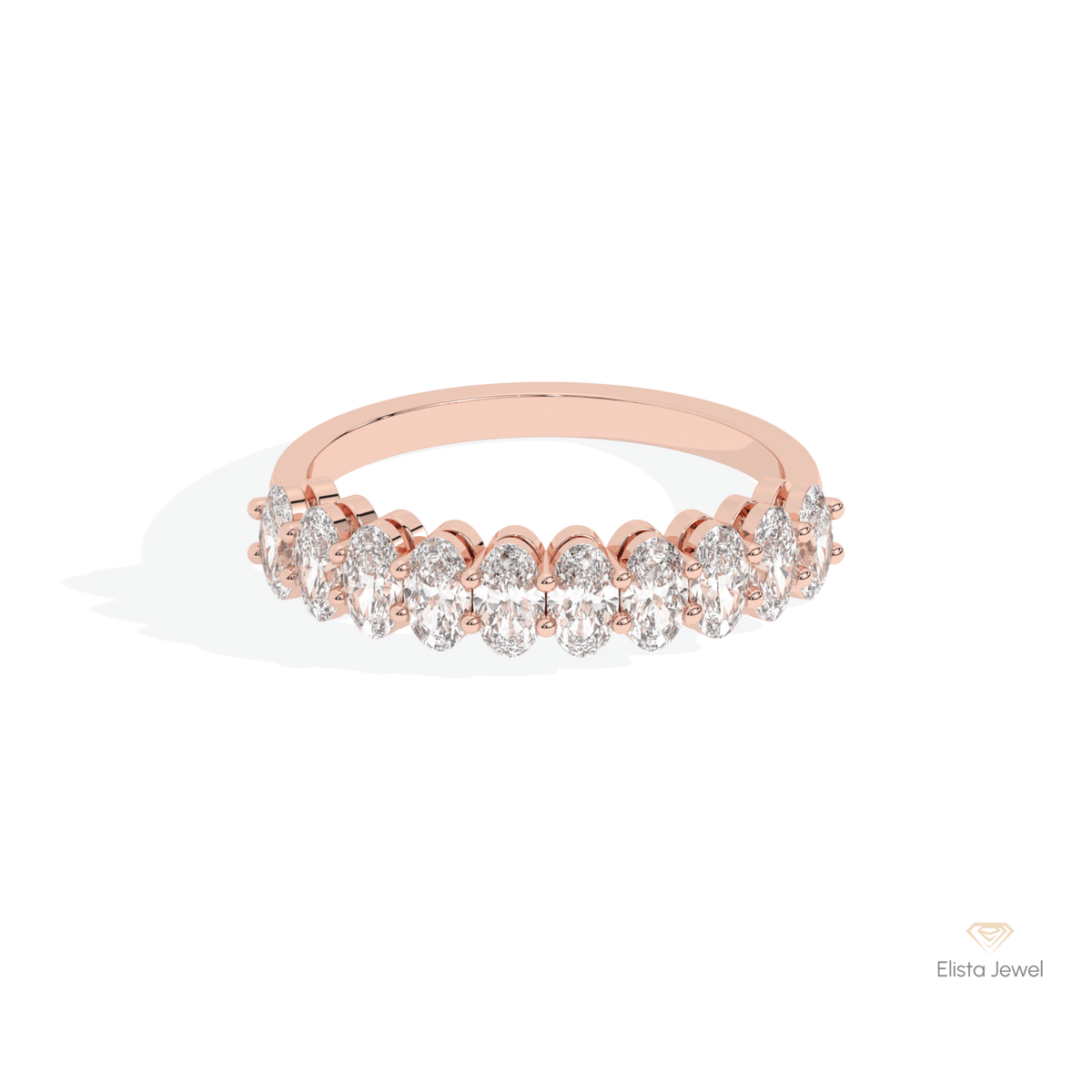 Oval Cut Half Eternity Wedding Lab Grown Diamond Band in 18K Rose Gold - Ring on Hand View