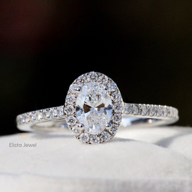 Oval Cut Halo Engagement Lab Grown Diamond Ring in 10K - Front View