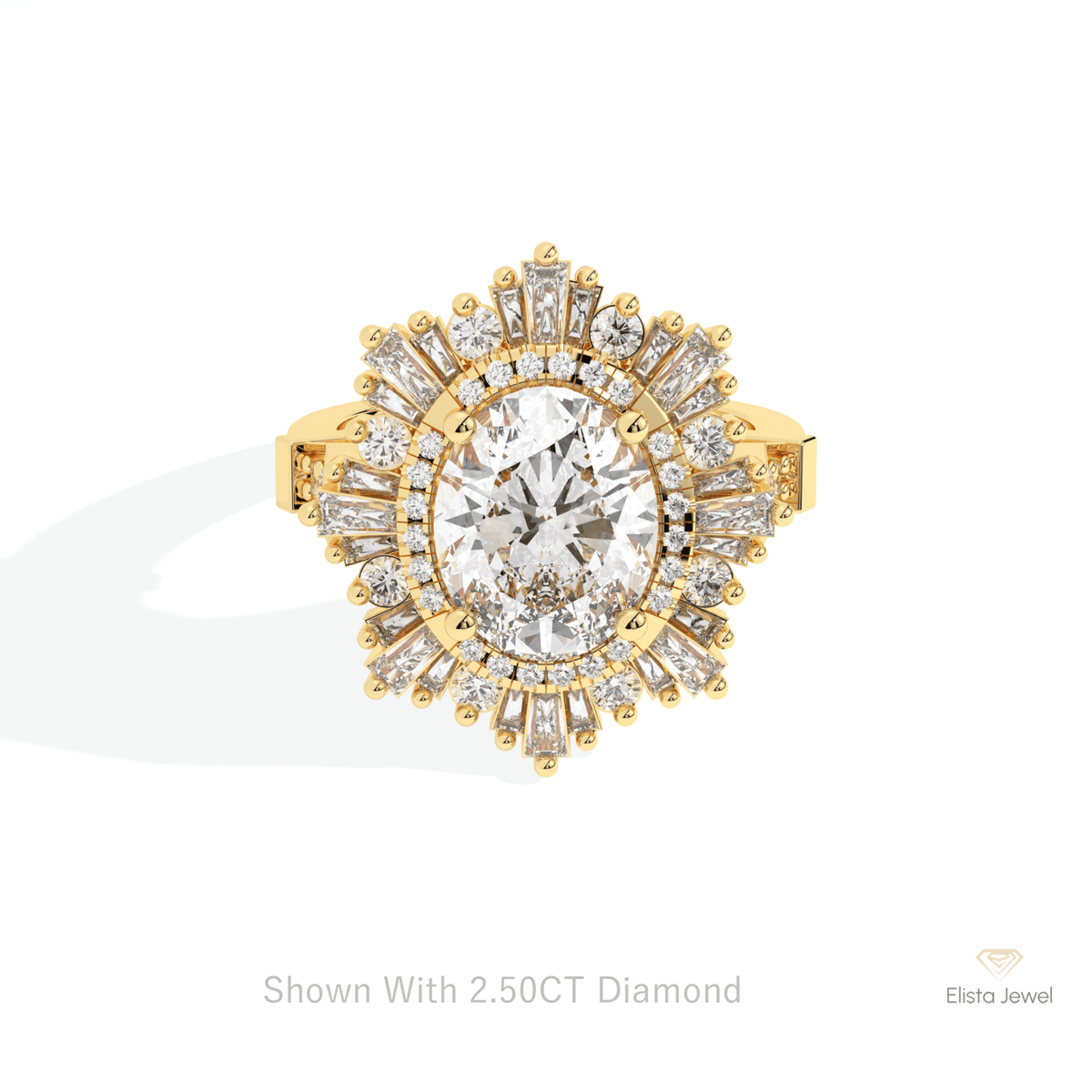 Oval Cut Halo Starburst Engagement Lab Grown Diamond Ring in 14K Yellow Gold - Detail View