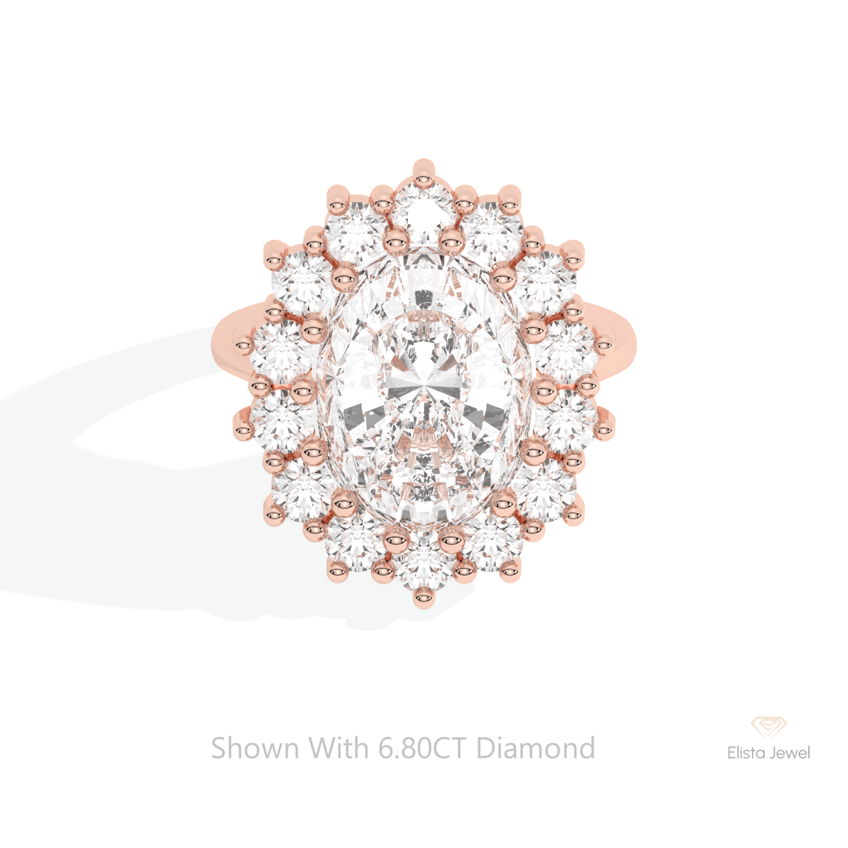 Oval Cut Halo Starburst Lab Grown Diamond Ring in 18K Rose Gold - Ring on Hand View