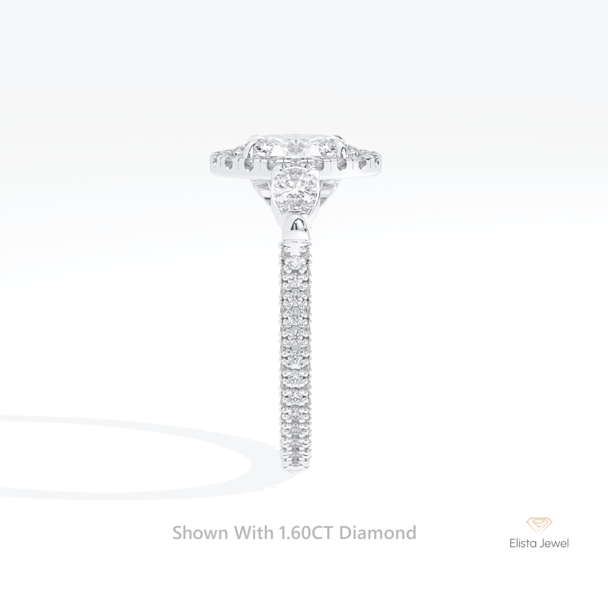 Oval Cut Halo Three Stone Lab Grown Diamond Ring in 18K Yellow Gold - Perspective View