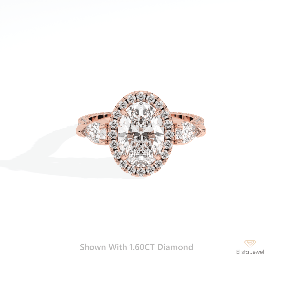 Oval Cut Halo Three Stone Lab Grown Diamond Ring in 10K White Gold - Front View