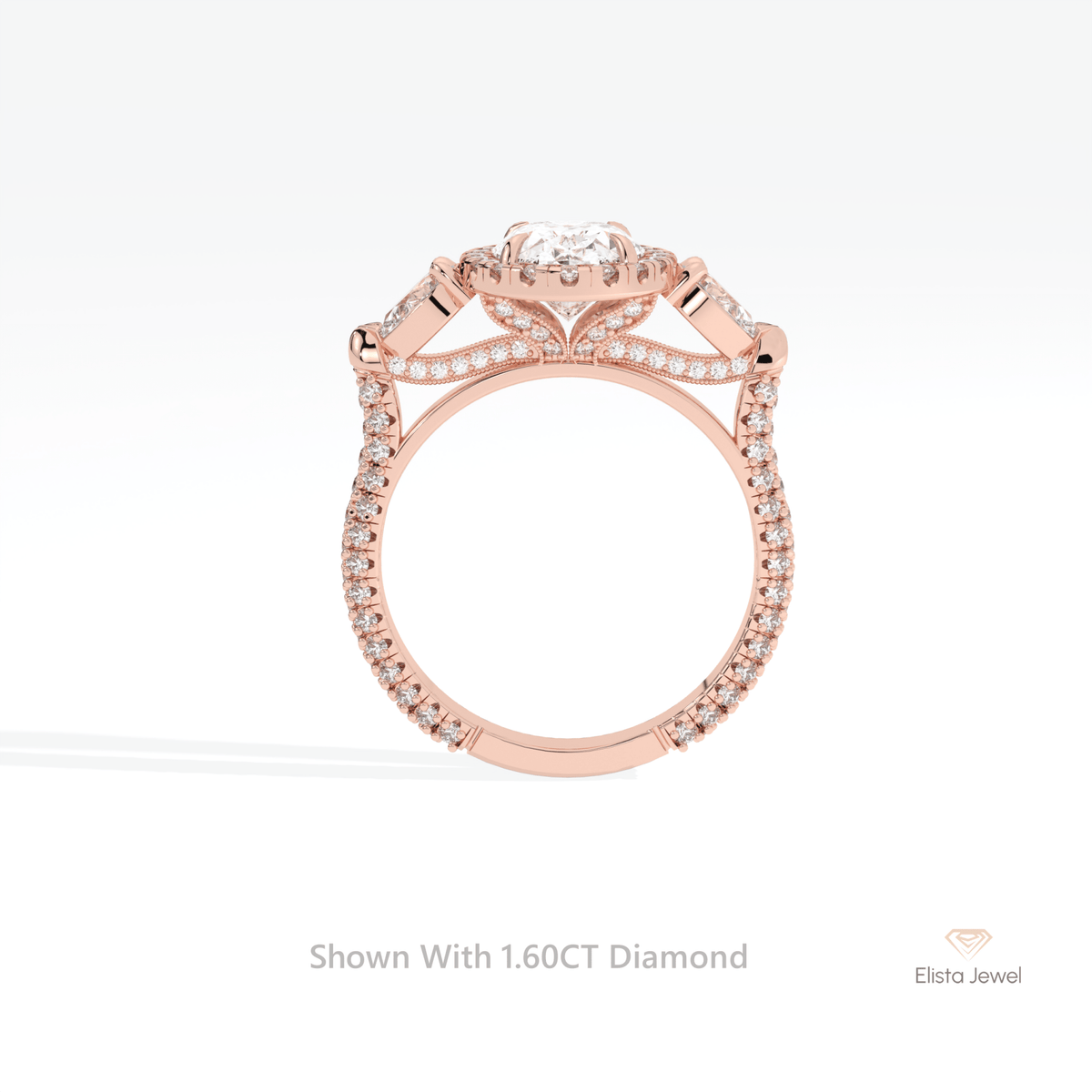 Oval Cut Halo Three Stone Lab Grown Diamond Ring in 10K Rose Gold - Angled View