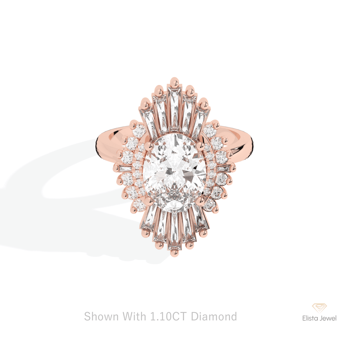 Oval Cut Starburst Engagement Lab Grown Diamond Ring in 18K Rose Gold - Ring on Hand View