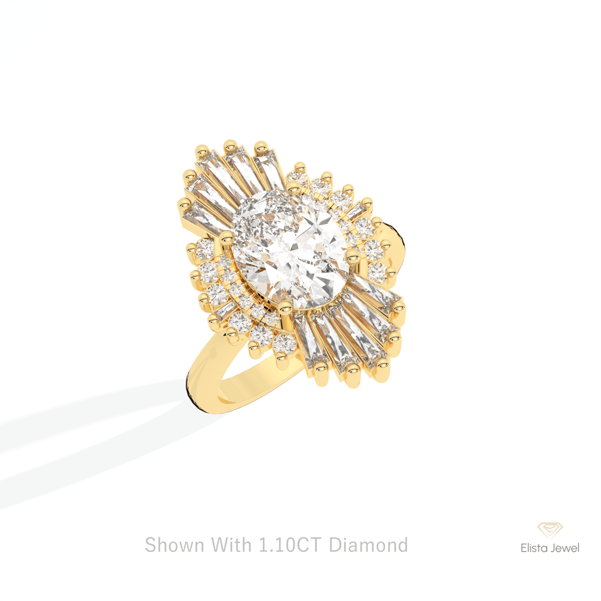Oval Cut Starburst Engagement Lab Grown Diamond Ring in 10K Yellow Gold - Side View