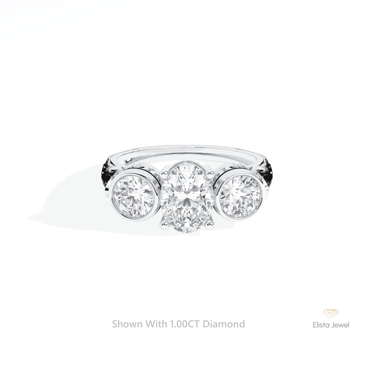 Oval Cut Three Stone Engagement Lab Grown Diamond Ring in 14K Yellow Gold - Detail View