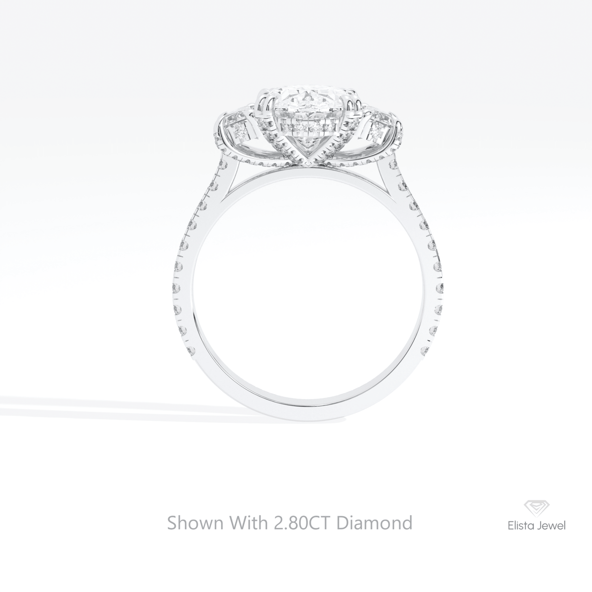 Oval Cut Three Stone Engagement Lab Grown Diamond Ring in 18K White Gold - Close-up View