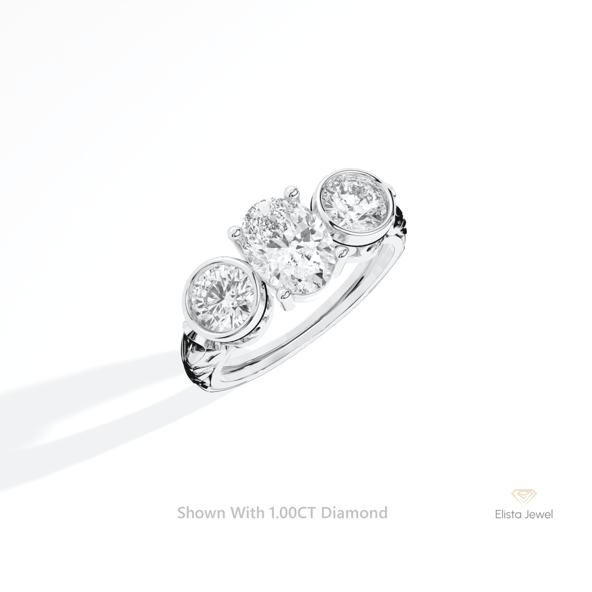 Oval Cut Three Stone Engagement Lab Grown Diamond Ring in 14K Rose Gold - Profile View