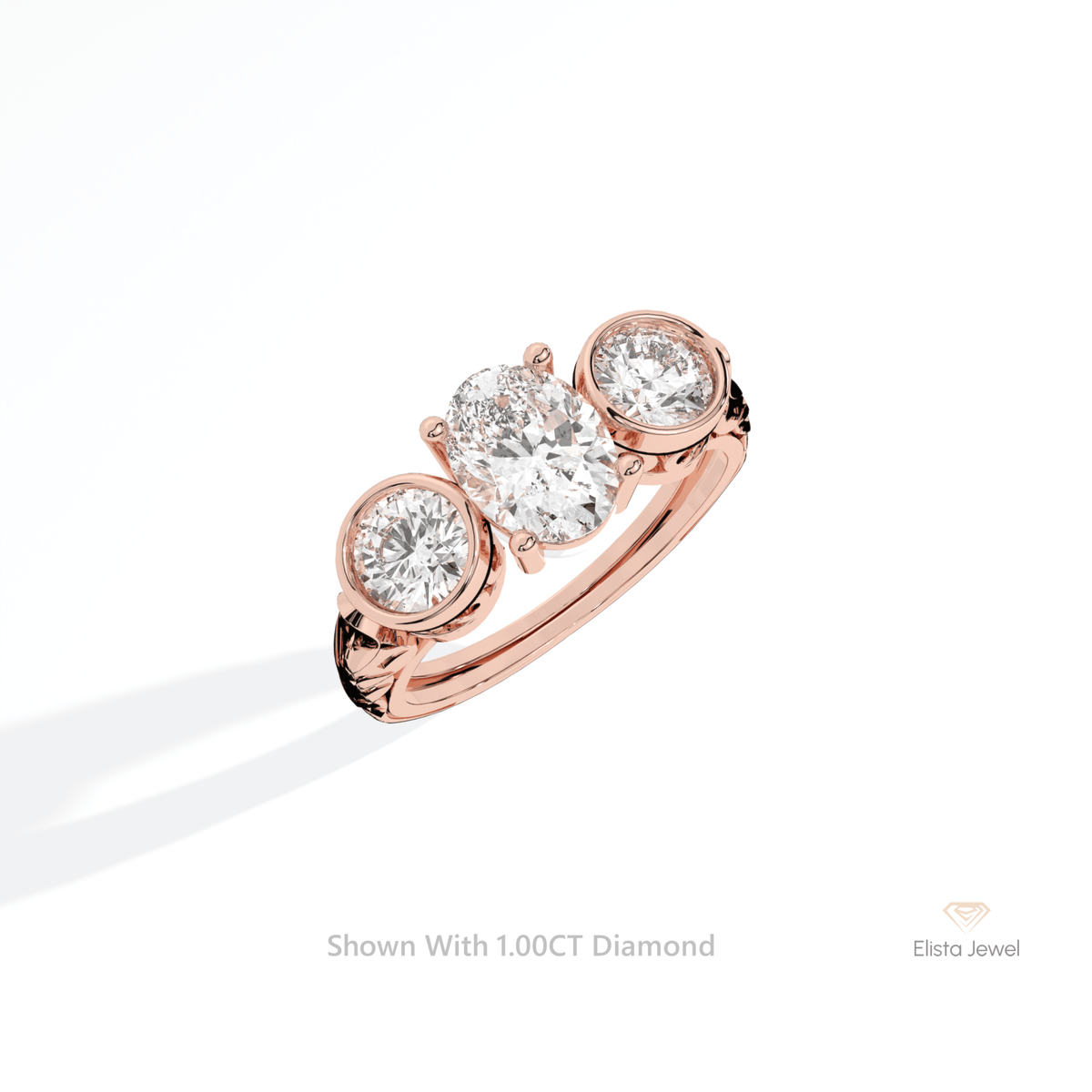 Oval Cut Three Stone Engagement Lab Grown Diamond Ring in 10K Yellow Gold - Side View