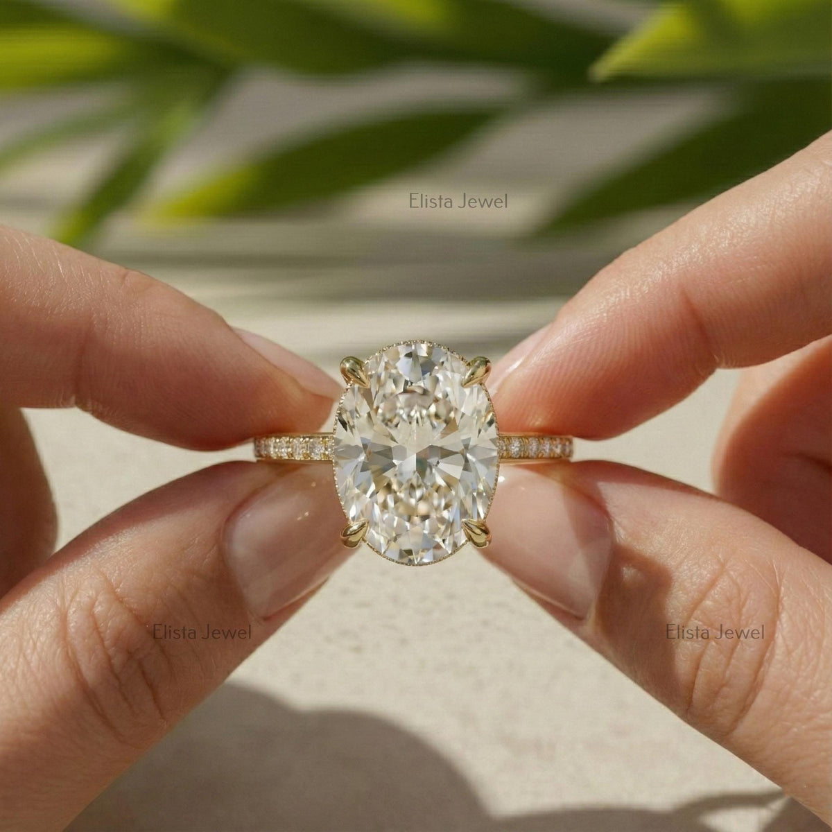 Oval Diamond Ring 3CT Lab-Grown Hidden Halo Engagement, 14K Yellow Gold Pavé Band