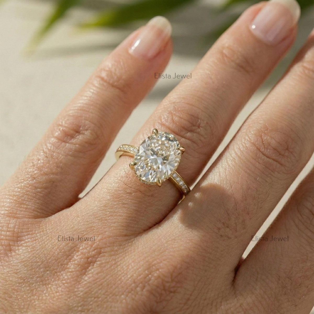 Oval Diamond Ring 3CT Lab-Grown Hidden Halo Engagement, 14K Yellow Gold Pavé Band