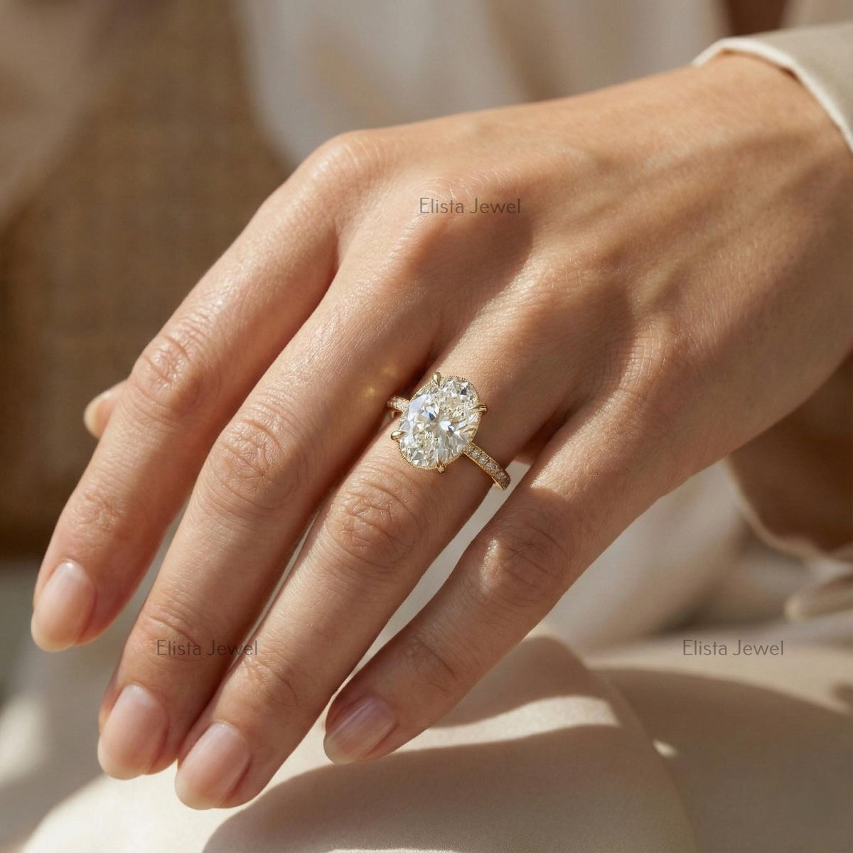 Oval Diamond Ring 3CT Lab-Grown Hidden Halo Engagement, 14K Yellow Gold Pavé Band