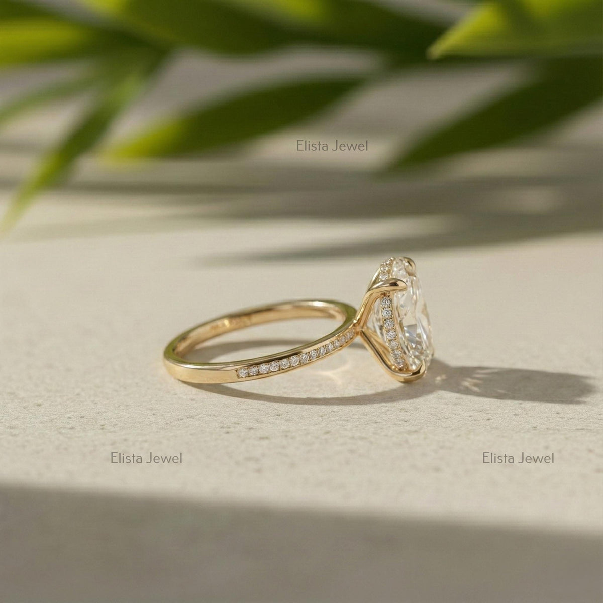 Oval Diamond Ring 3CT Lab-Grown Hidden Halo Engagement, 14K Yellow Gold Pavé Band