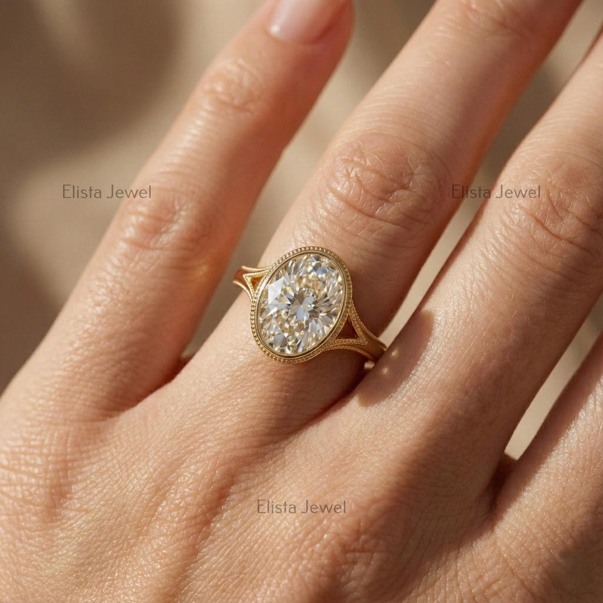 IGI Certified Oval Lab Grown Diamond Engagement Ring, Bezel Solitaire 14k Gold Milgrain Split Shank Statement Ring