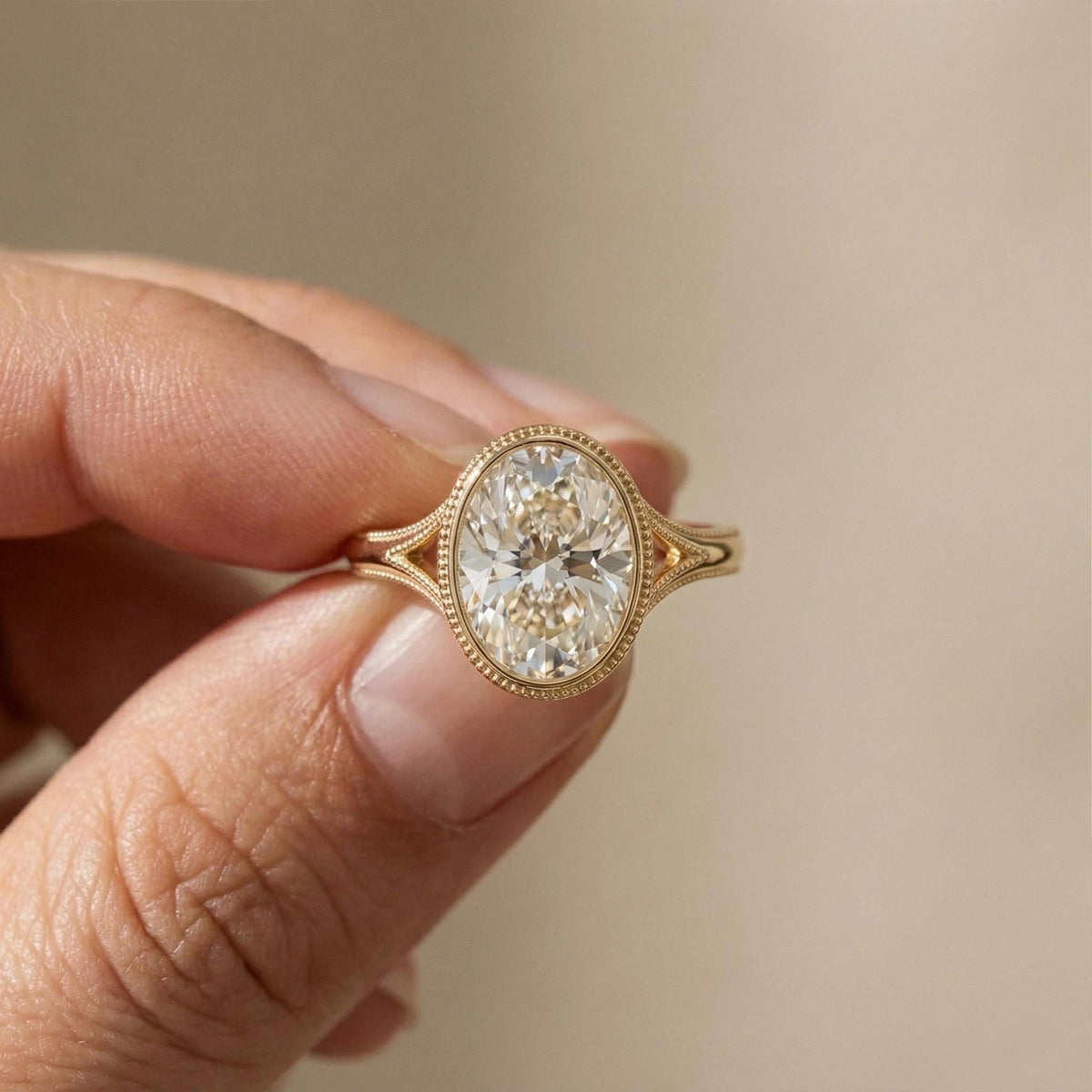 IGI Certified Oval Lab Grown Diamond Engagement Ring, Bezel Solitaire 14k Gold Milgrain Split Shank Statement Ring