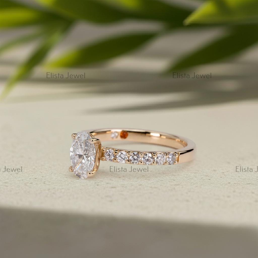 Oval Lab-Grown Diamond Engagement Ring, 14K Yellow Gold Pavé Band