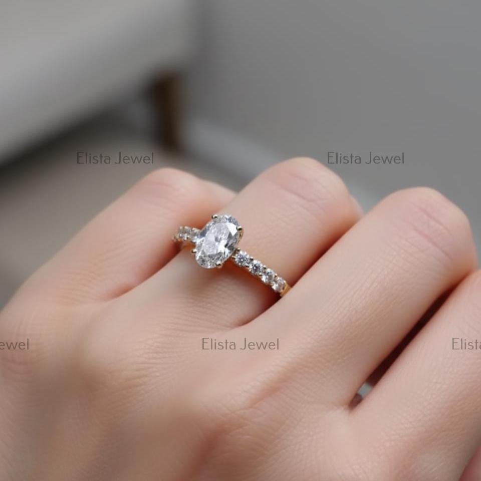 Oval Lab-Grown Diamond Engagement Ring, 14K Yellow Gold Pavé Band