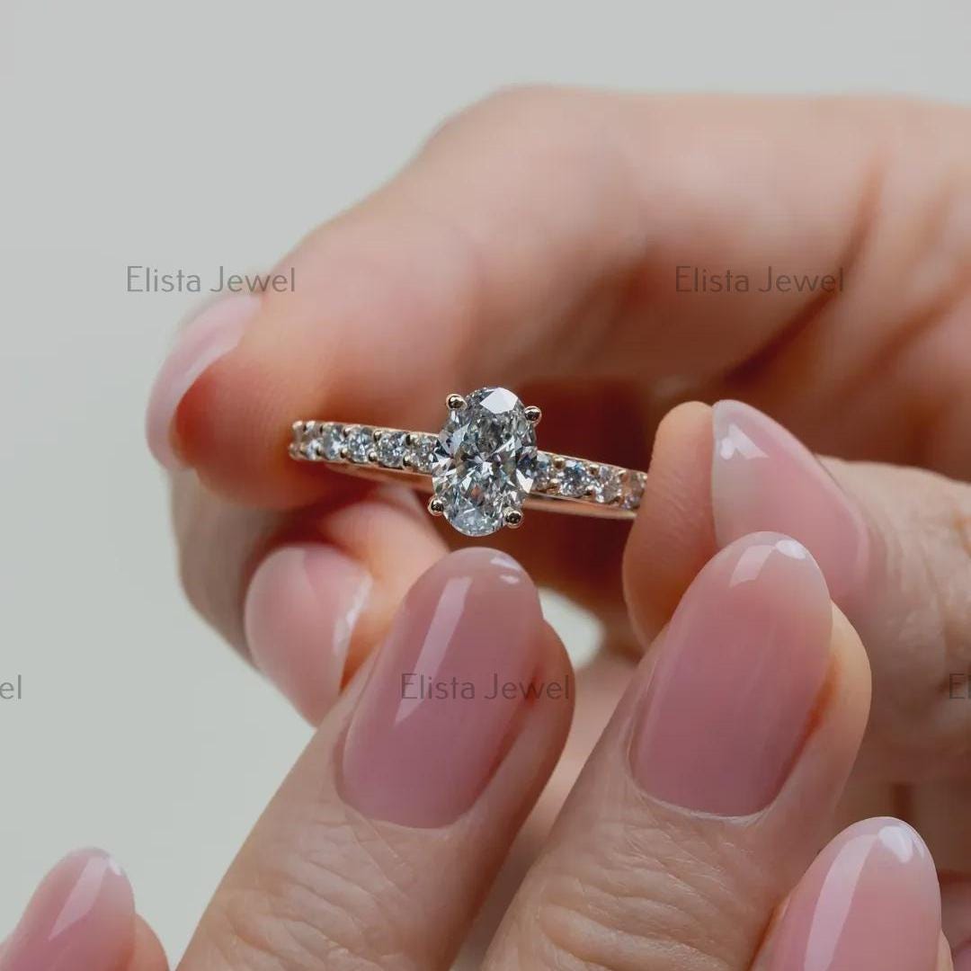 Oval Lab-Grown Diamond Engagement Ring, 14K Yellow Gold Pavé Band