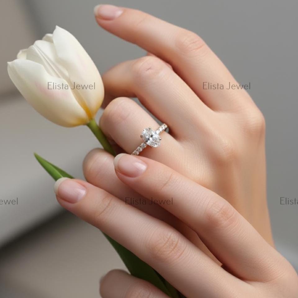 Oval Lab-Grown Diamond Engagement Ring, 14K Yellow Gold Pavé Band
