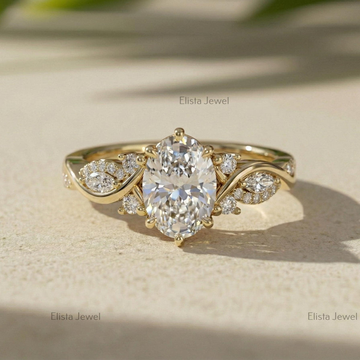 Oval Lab-Grown Diamond Engagement Ring, 18K Yellow Gold Leaf Band