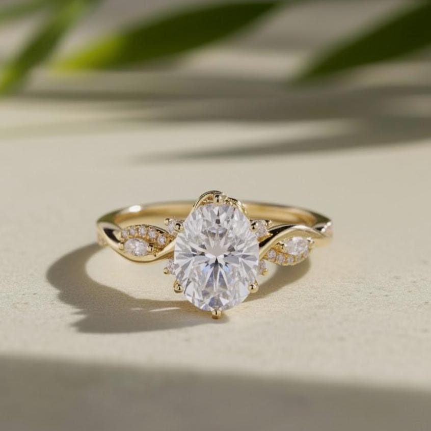 Oval Lab-Grown Diamond Engagement Ring, 18K Yellow Gold Leaf Band