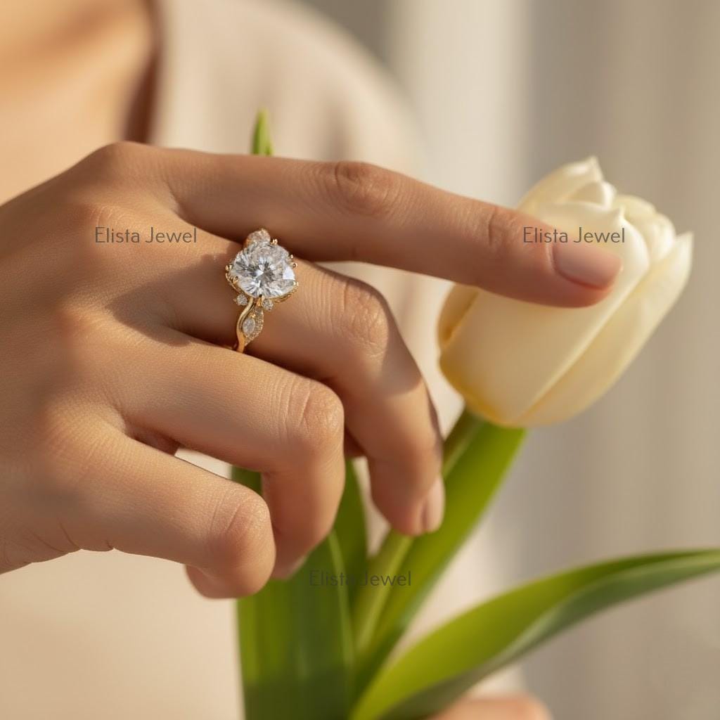Oval Lab-Grown Diamond Engagement Ring, 18K Yellow Gold Leaf Band
