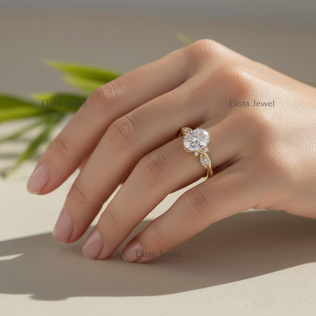 Oval Lab-Grown Diamond Engagement Ring, 18K Yellow Gold Leaf Band