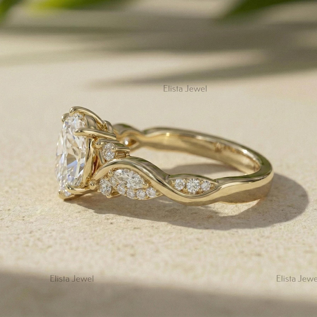 Oval Lab-Grown Diamond Engagement Ring, 18K Yellow Gold Leaf Band