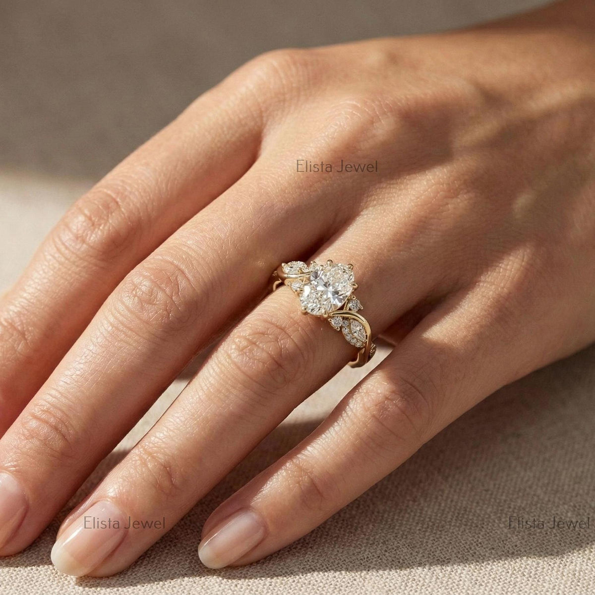Oval Lab-Grown Diamond Engagement Ring, 18K Yellow Gold Leaf Band