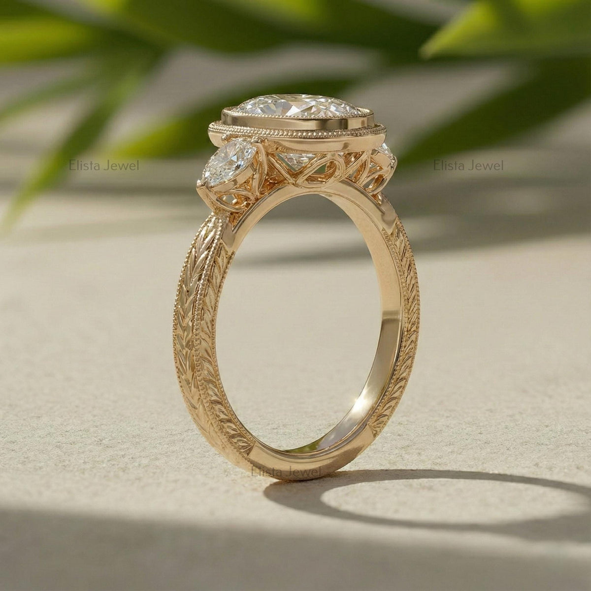 Oval Diamond Ring Lab-Grown Three-Stone Engagement 14K Yellow Gold Bezel With Pear Accents