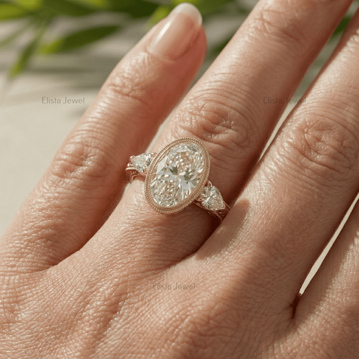 Oval Diamond Ring Lab-Grown Three-Stone Engagement 14K Yellow Gold Bezel With Pear Accents