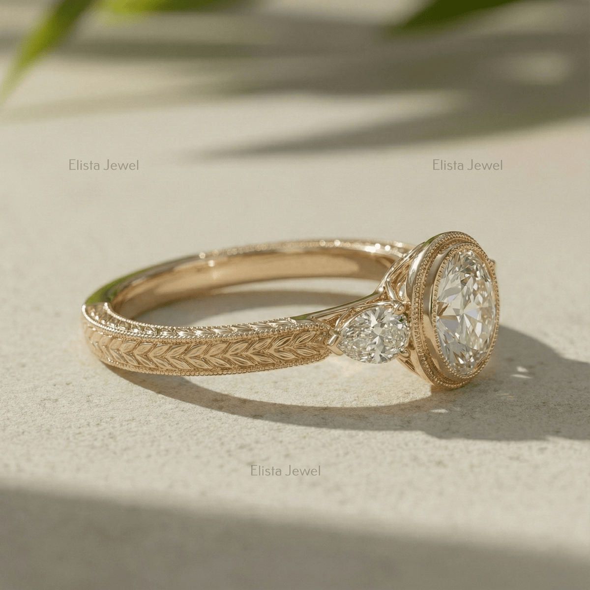 Oval Diamond Ring Lab-Grown Three-Stone Engagement 14K Yellow Gold Bezel With Pear Accents