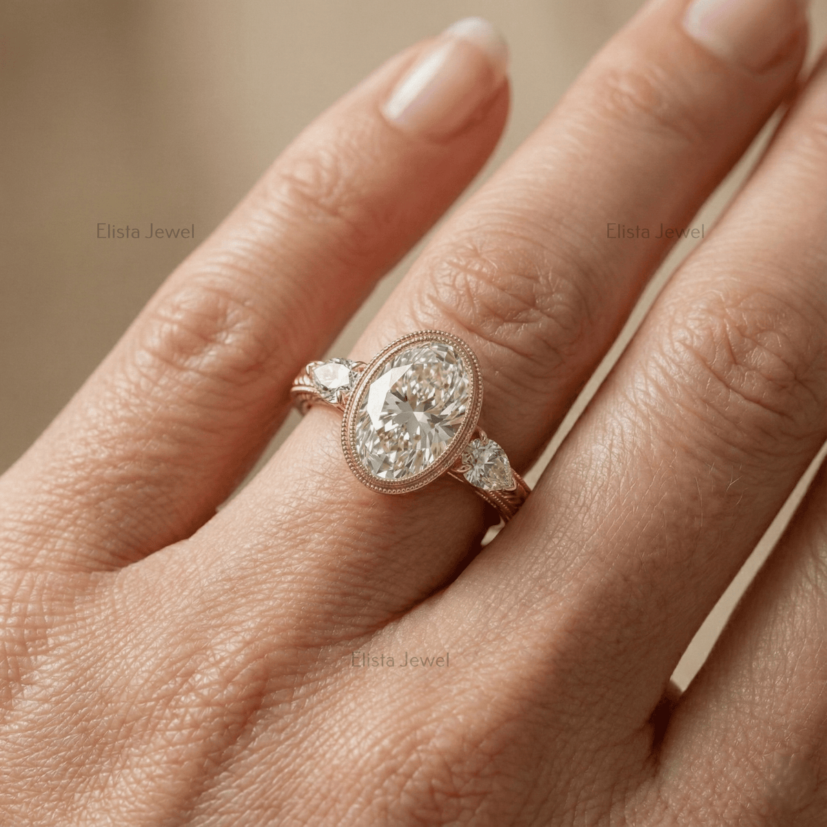 Oval Diamond Ring Lab-Grown Three-Stone Engagement 14K Yellow Gold Bezel With Pear Accents