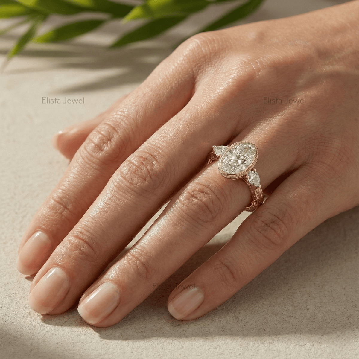 Oval Diamond Ring Lab-Grown Three-Stone Engagement 14K Yellow Gold Bezel With Pear Accents