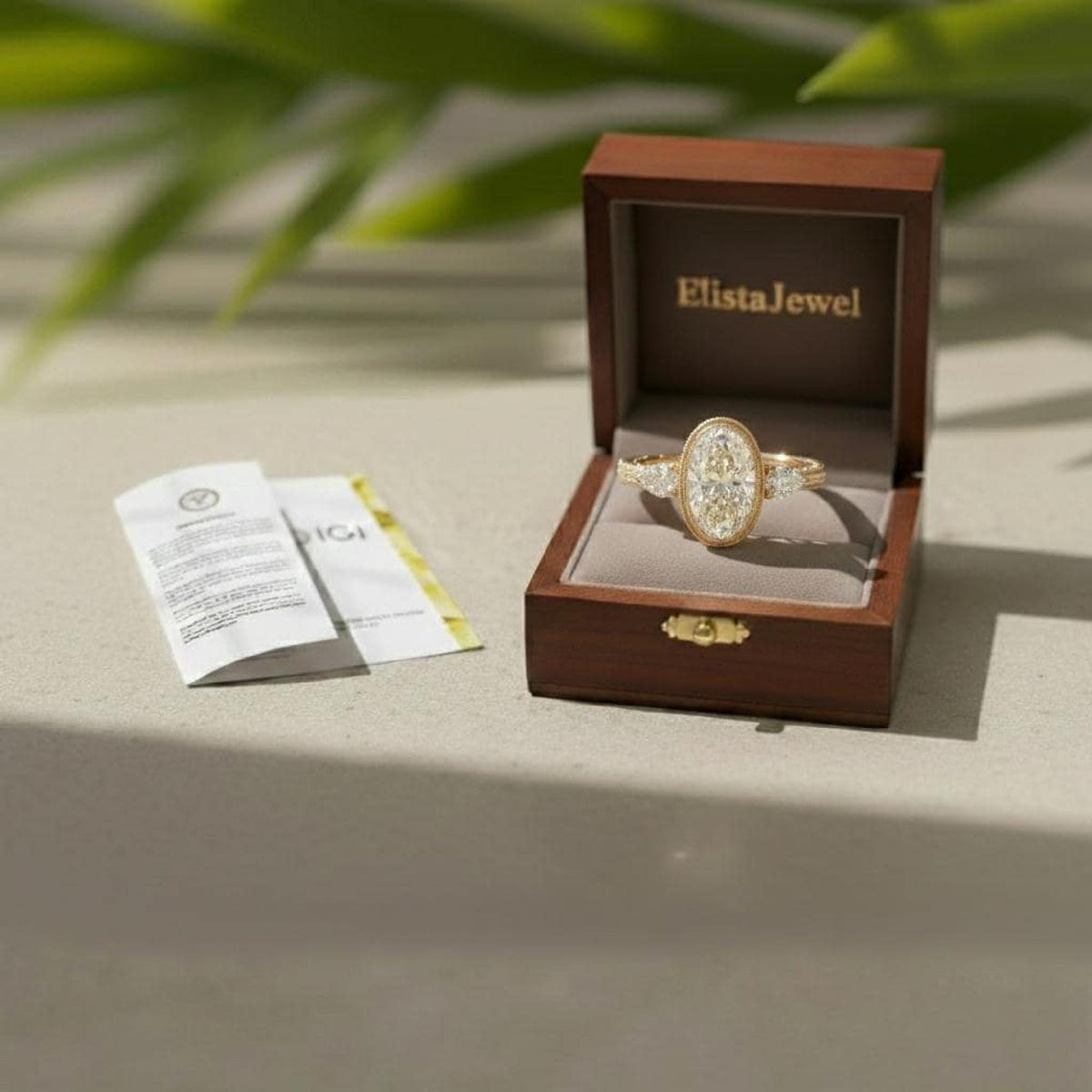 Oval Diamond Ring Lab-Grown Three-Stone Engagement 14K Yellow Gold Bezel With Pear Accents