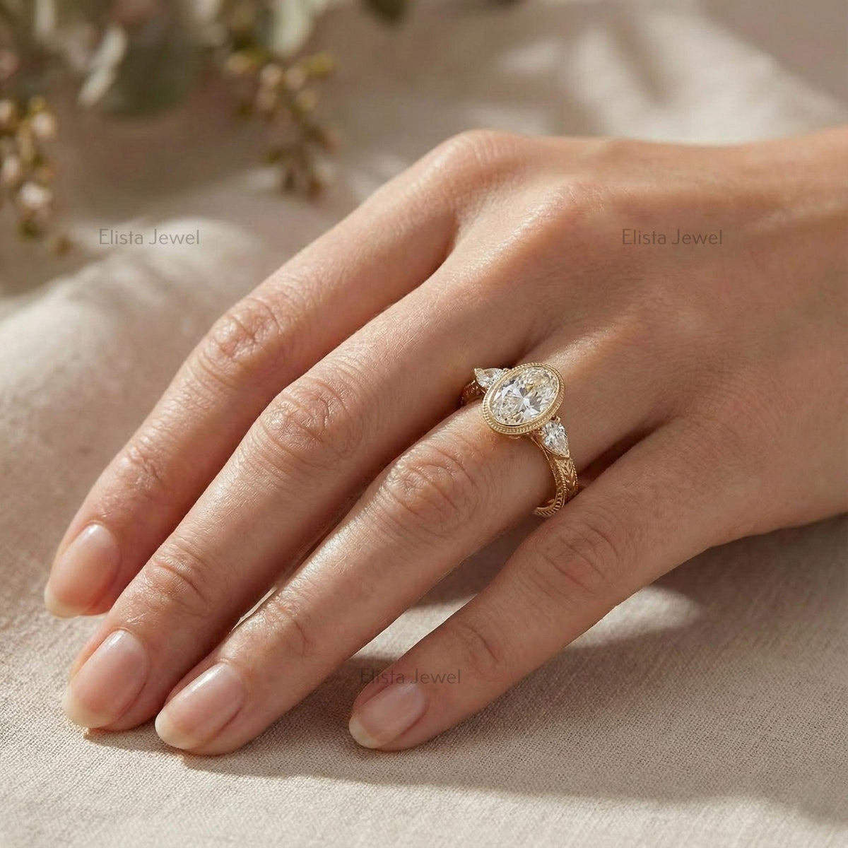 Oval Diamond Ring Lab-Grown Three-Stone Engagement 14K Yellow Gold Bezel With Pear Accents