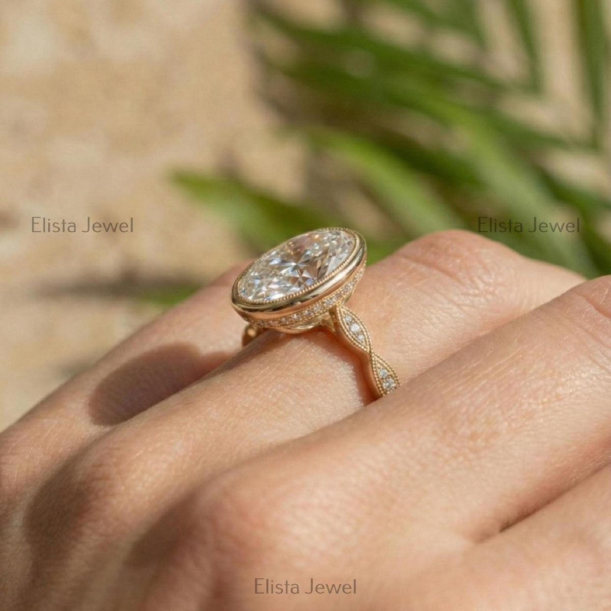 Oval Lab-Grown Diamond Halo Engagement Ring, 18K Yellow Gold Milgrain Band