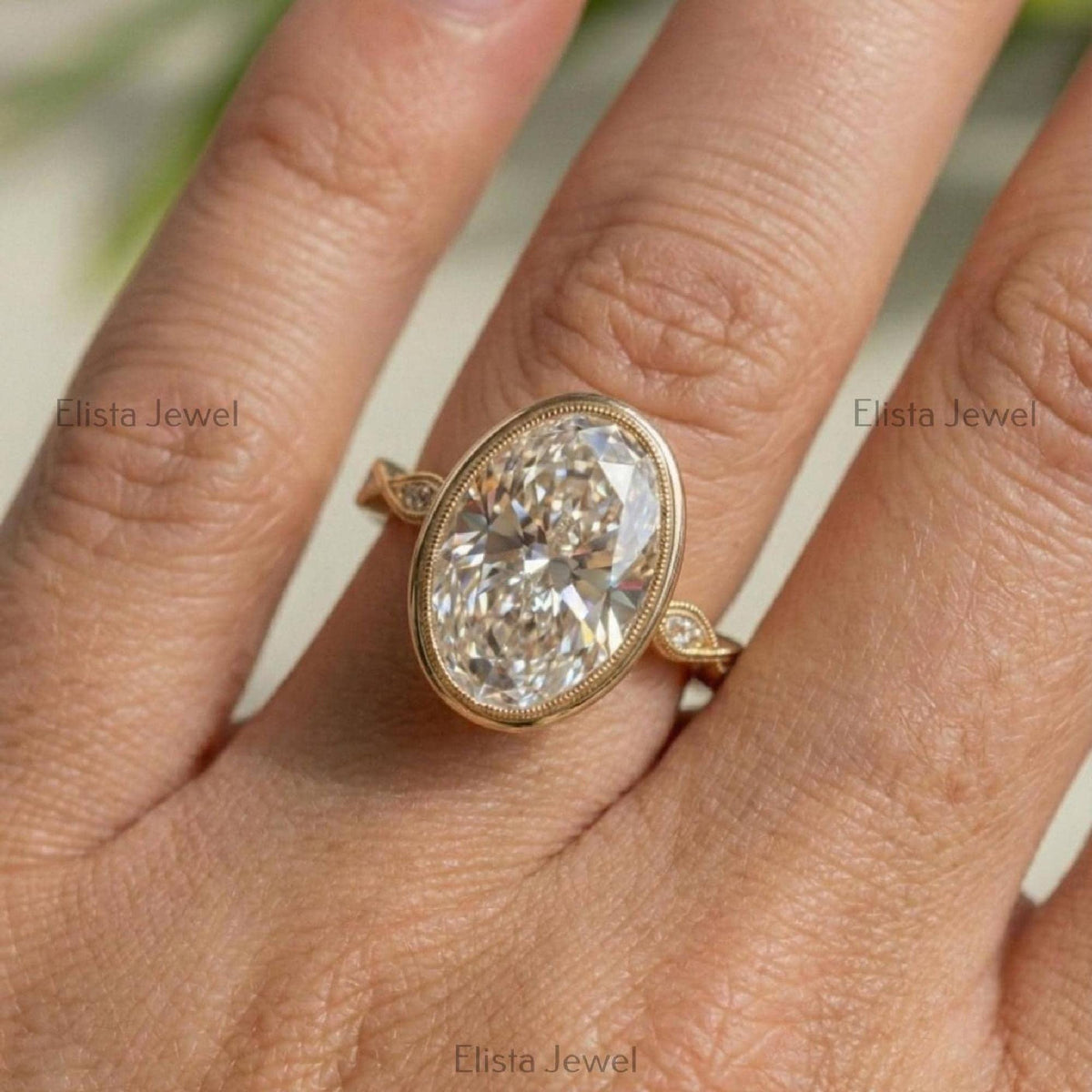 Oval Lab-Grown Diamond Halo Engagement Ring, 18K Yellow Gold Milgrain Band