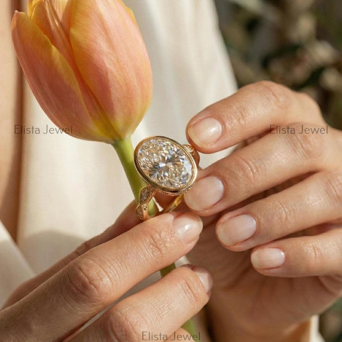 Oval Lab-Grown Diamond Halo Engagement Ring, 18K Yellow Gold Milgrain Band