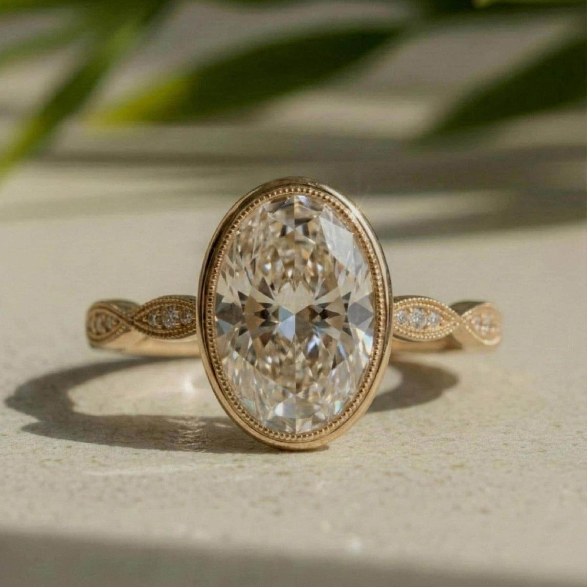 Oval Lab-Grown Diamond Halo Engagement Ring, 18K Yellow Gold Milgrain Band