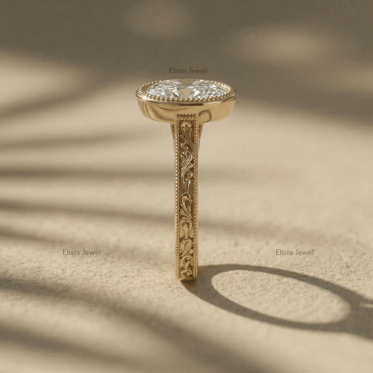 Oval Lab-Grown Diamond Engagement Ring, 14K Yellow Gold, Engraved Floral Band