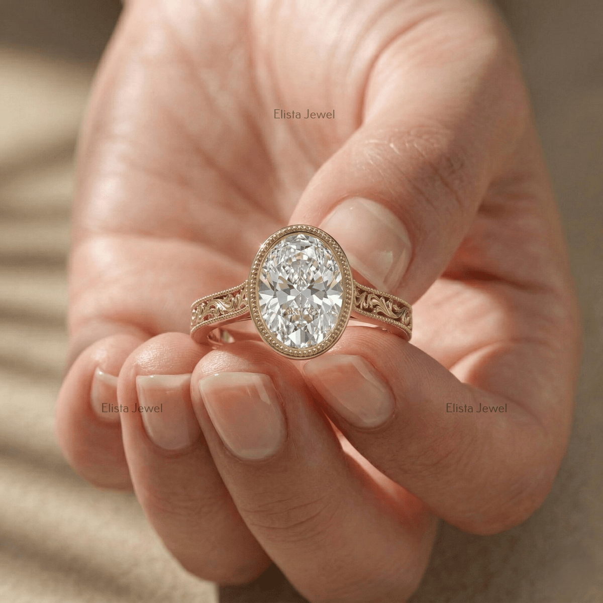 Oval Lab-Grown Diamond Engagement Ring, 14K Yellow Gold, Engraved Floral Band